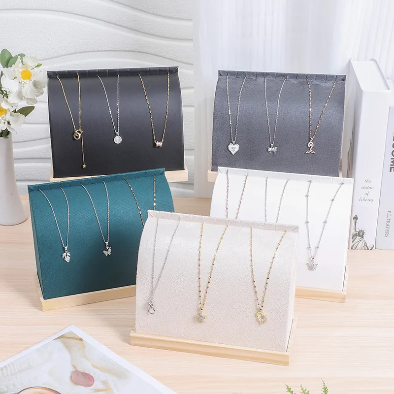 Necklace Display Stand Solid Wood Base Velvet PU Leather Curved Slanted Jewelry Organizer Desktop Holder