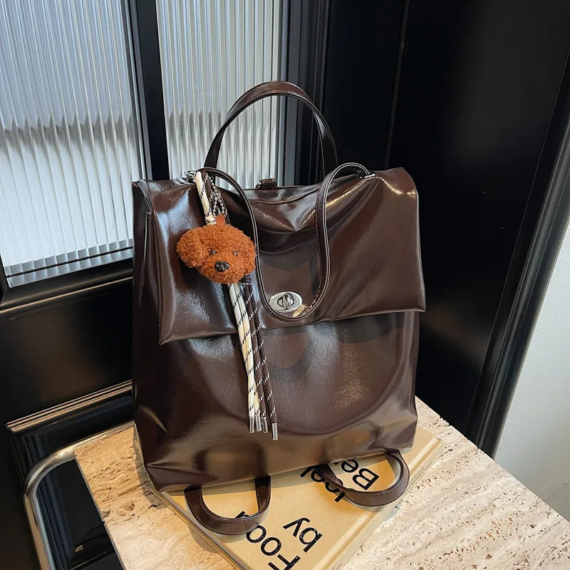 Women Backpack Retro Glossy PU Leather Large Capacity College School Bag Fashion Minimalist Handbag Travel Daypack