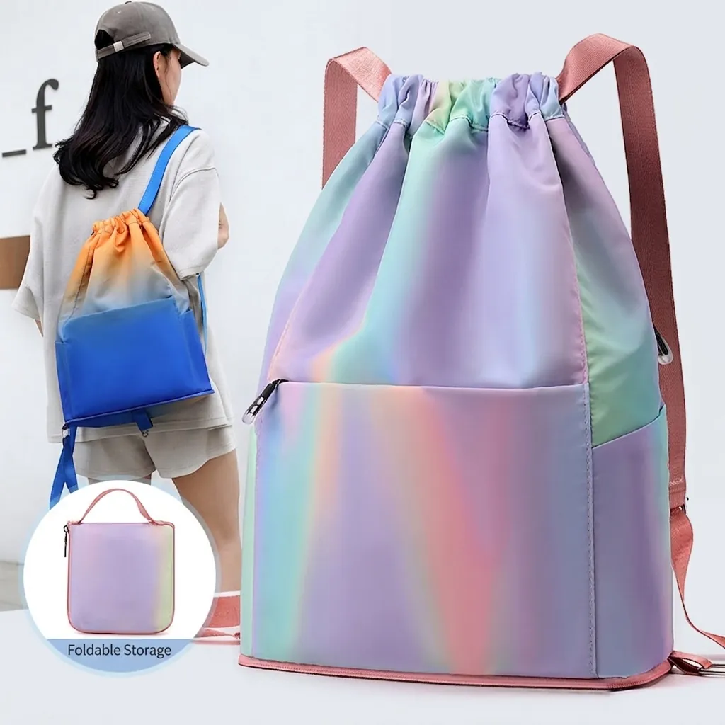 Gradient Drawstring Backpack Waterproof Nylon Foldable Sport Gym Bag For Fitness Yoga Travel Large Capacity