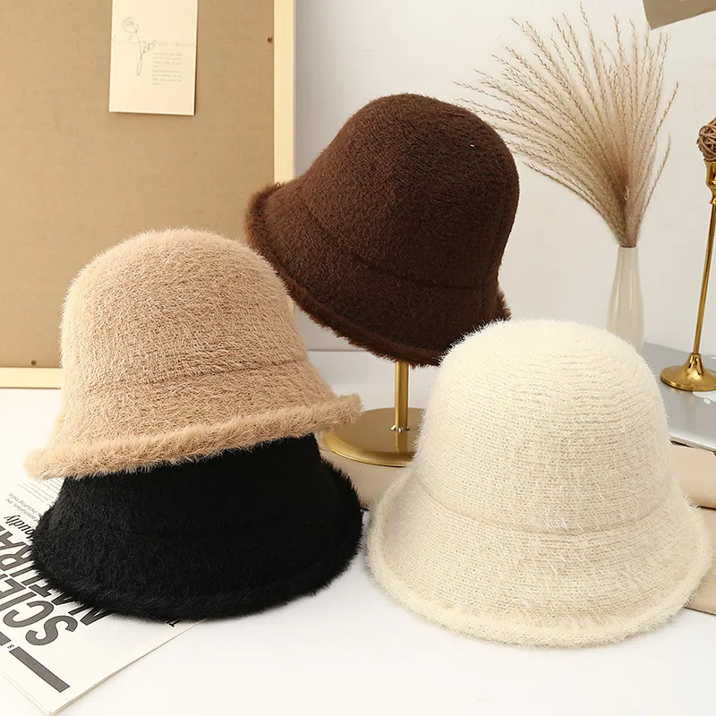 Women Winter Warm Plush Bucket Hat Faux Fur Knitted Solid Color Windproof Adjustable Retro Fisherman Cap Outdoor