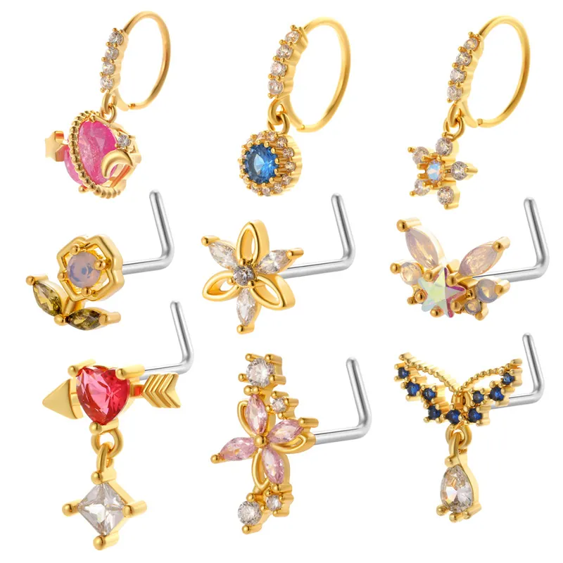 Zircon Inlaid Nose Studs And Hoop Rings Titanium Steel Copper Butterfly Flower Heart Planet Shape Fashion Body Piercing Jewelry