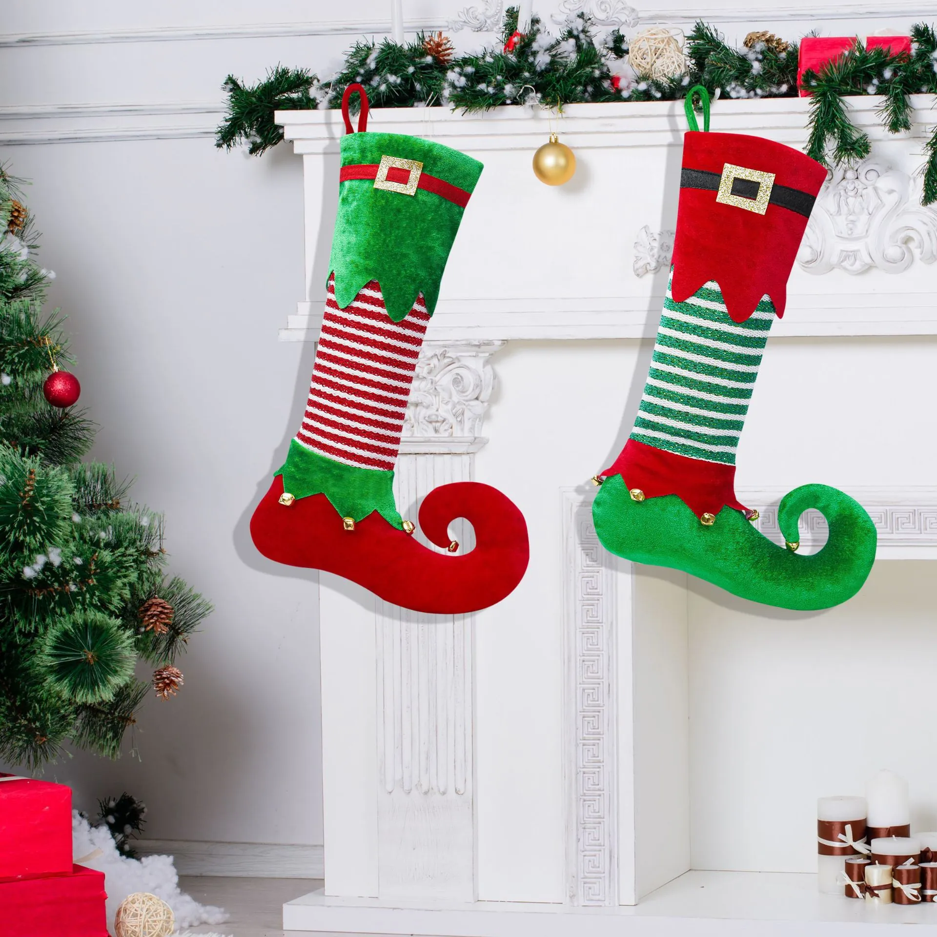 Christmas Elf Stockings Large Hanging Gift Bag Velvet Fabric With Bells Buckle Stripe Festive Fireplace Decor Home