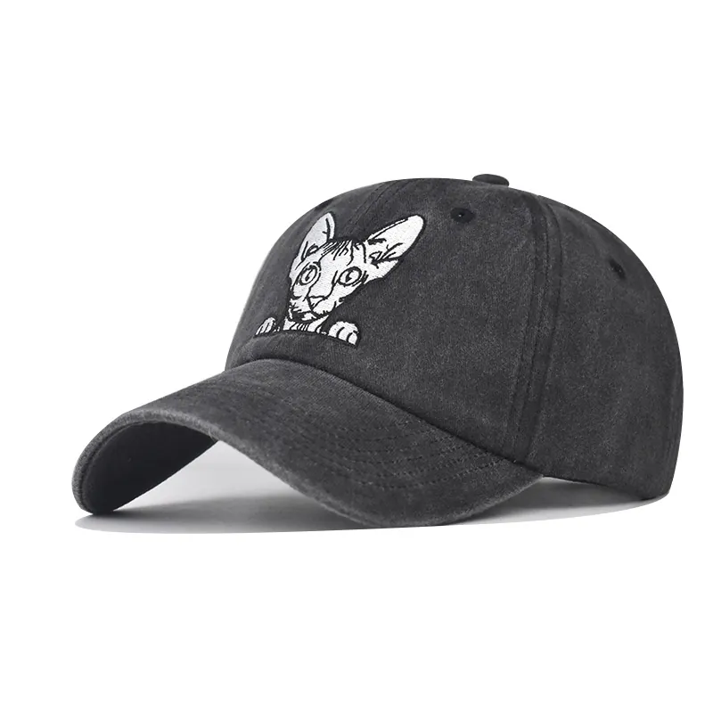 Casquette De Baseball En Coton Lavé Brodée Chat Sphynx Chapeau De Soleil Vintage Réglable