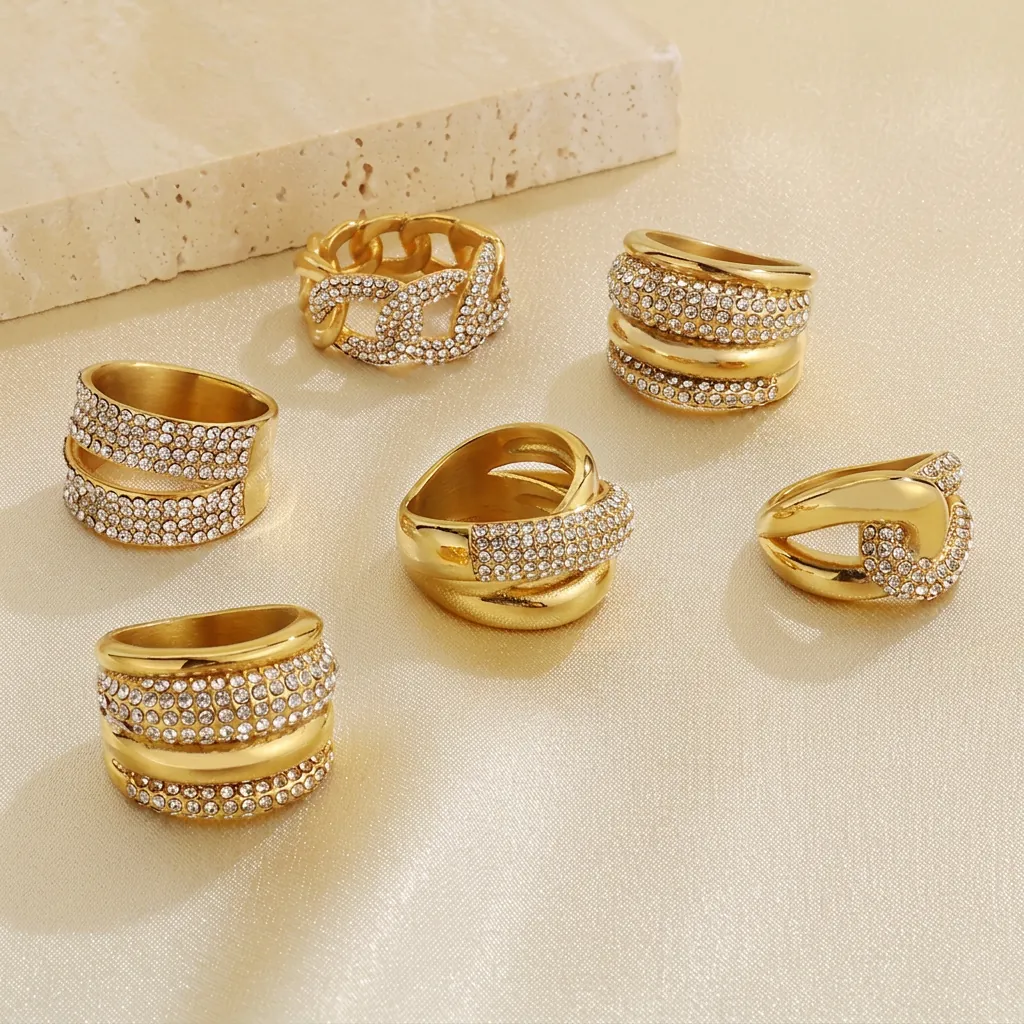 Breiter Klobiger Bandring Gold Vergoldeter Edelstahl Doppelreihiger Strass Geometrischer Modeschmuck Für Damen Herren