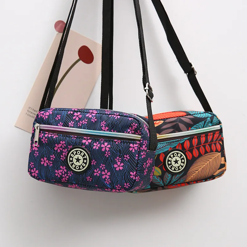 Floral Print Women Crossbody Bag Nylon Waterproof Small Square Shoulder Bag Casual Multi-Pocket Adjustable Strap Lightweight