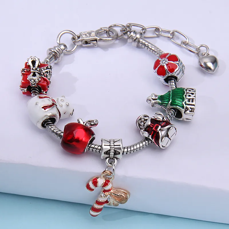 Christmas Charm Bracelet Silver Plated Zinc Alloy Santa Snowman Candy Cane Enamel Snake Chain Holiday Jewelry