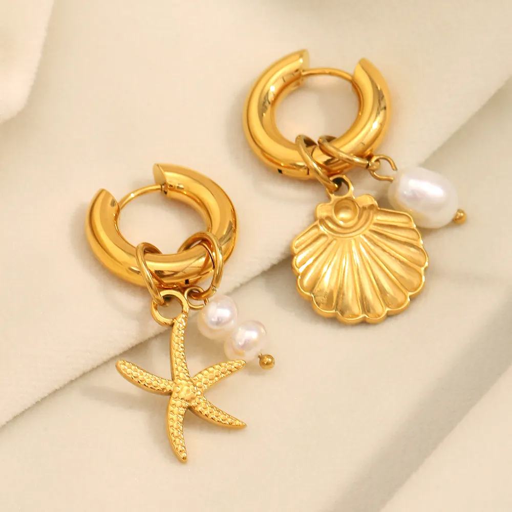 Asymmetrical Ocean Starfish Shell Hoop Earrings Stainless Steel 18K Gold Plated Artificial Pearl Beach Vacation Style For Women