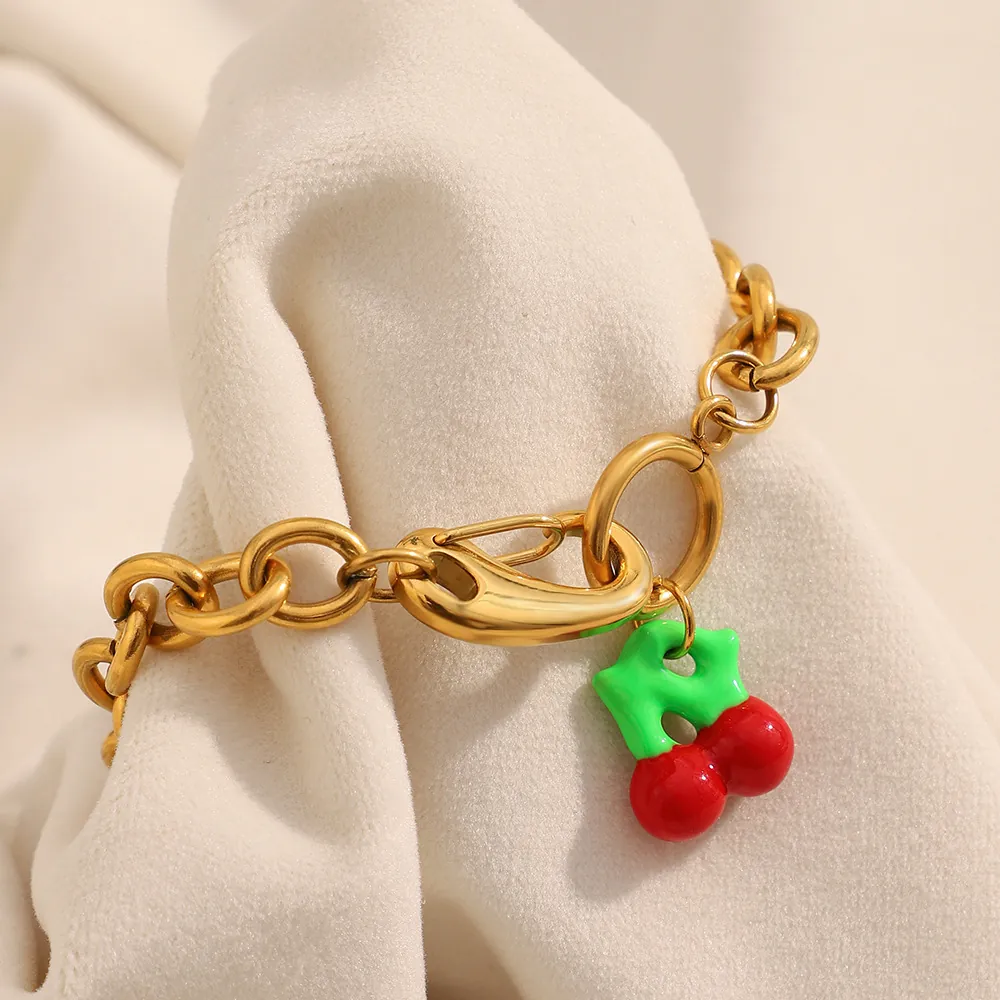 Cherry Pendant Bracelet For Women Stainless Steel 18K Gold Plated Thick Link Chain Trendy Fashion Hand Jewelry Gift