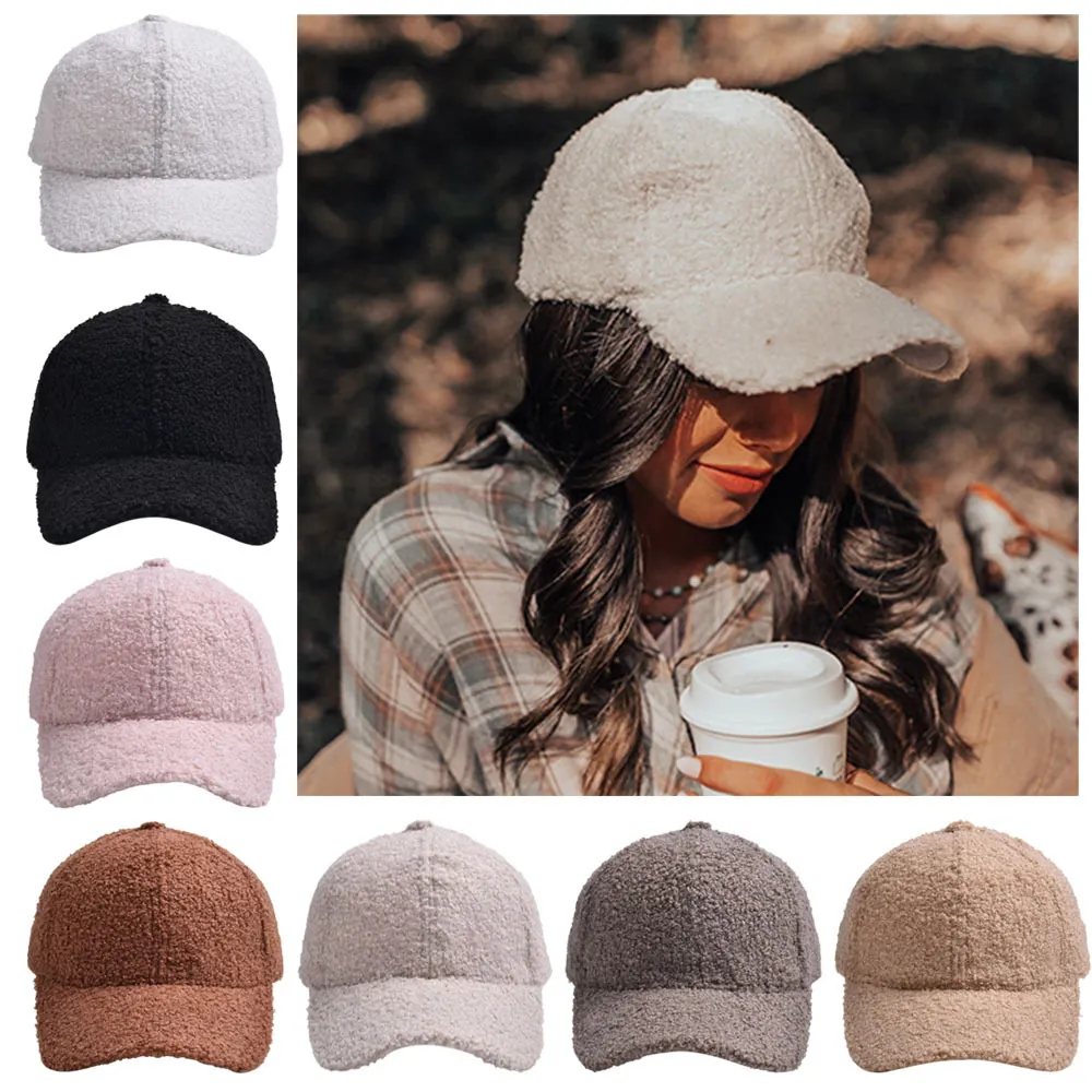 Lambswool Fleece Baseball Cap Warm Winter Teddy Fur Outdoor Casual Solid Color Adjustable For Men Women