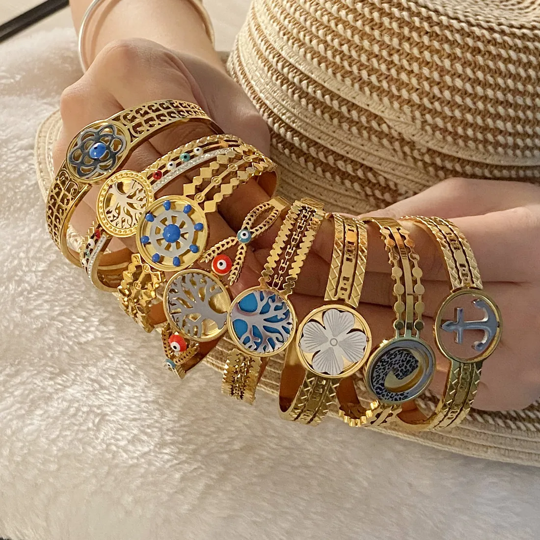 Bracciale Rigido Albero Della Vita Malocchio Ancora Acciaio Inossidabile Placcato Oro Smalto Gioielli Da Donna