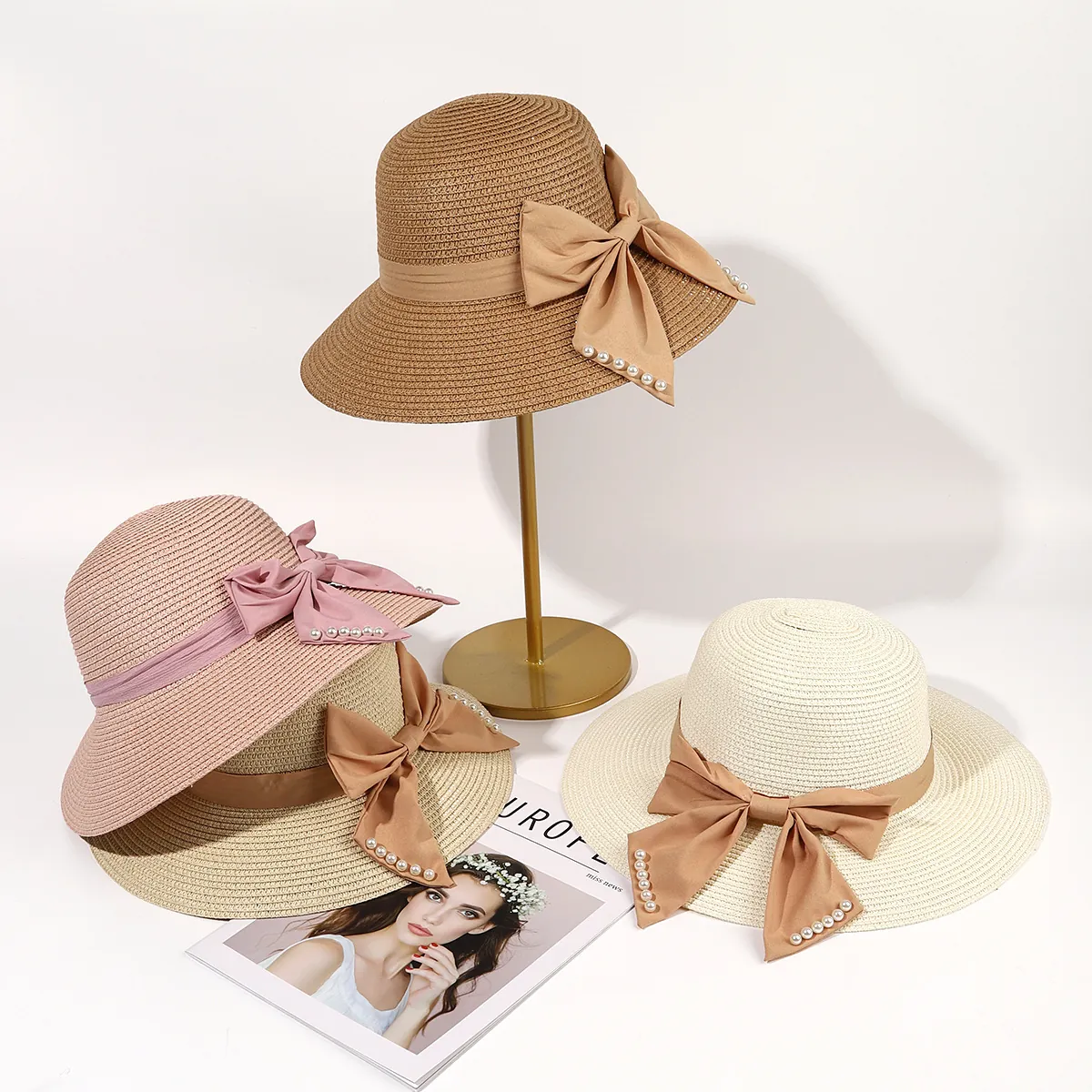 Women Straw Hat Wide Brim Sun Protection Beach Summer French Style Elegant Bow Artificial Pearl Decoration Breathable