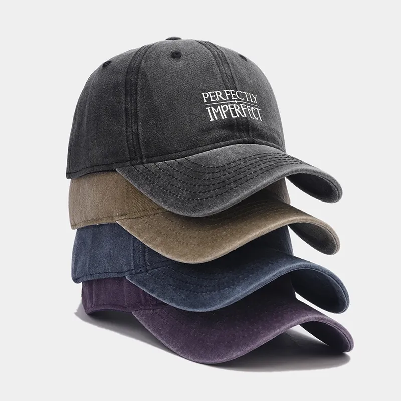 Baseball Cap Washed Cotton Embroidered Perfectly Imperfect Slogan Vintage Distressed Adjustable Unisex Hat
