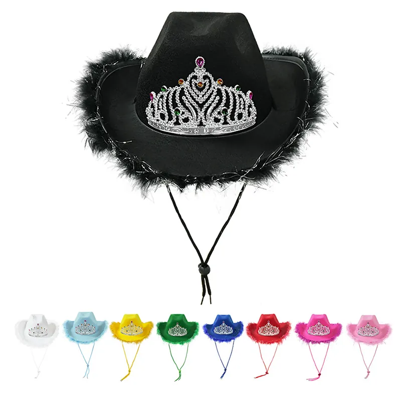Sombrero Vaquero Occidental Con Corona De Tiara Ribete De Plumas Pedrería Colorida Cordón Ajustable Para Disfraz De Fiesta