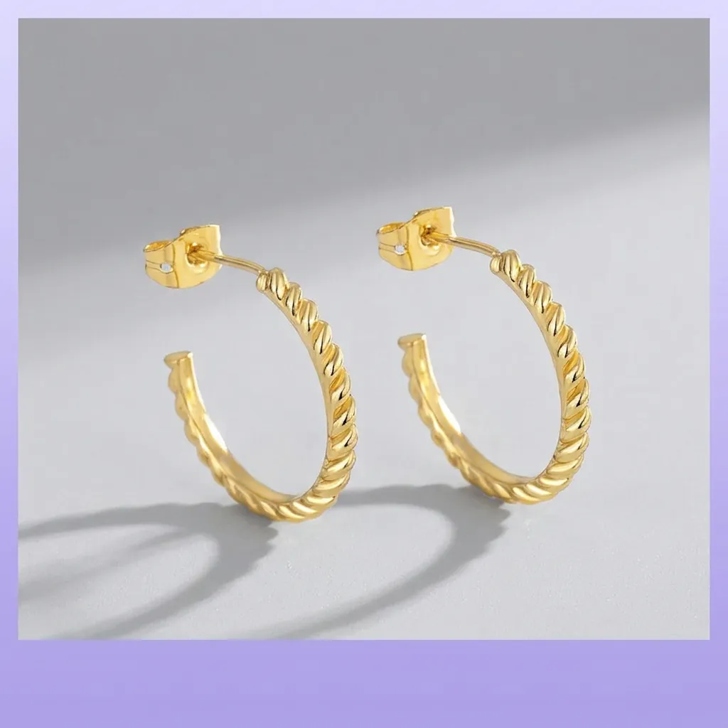 Twisted Spiral C-Shaped Hoop Earrings For Women Copper Gold Plated With 925 Sterling Silver Post Geometric Fashion Jewelry