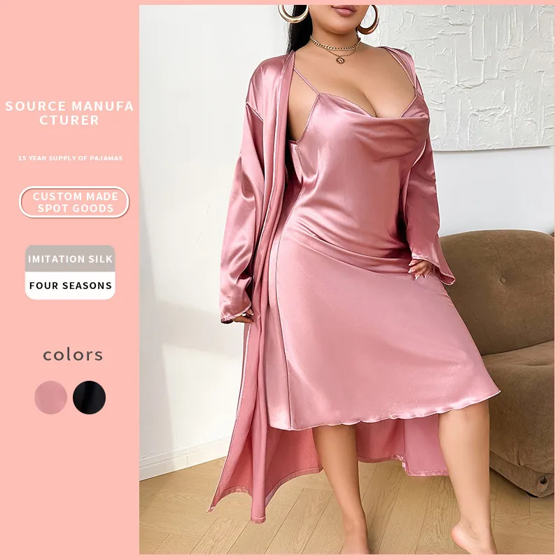 Women Sleepwear Robe And Nightgown V-Neck Plus Size Elegant Loungewear Satin Imitation Satin Smooth