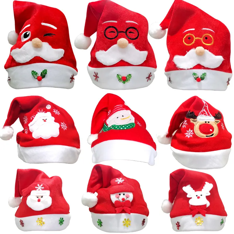 Christmas Hats Plush Non-Woven Fabric LED Light Up Santa Snowman Reindeer Embroidery Holiday Party Decor Kids Adults