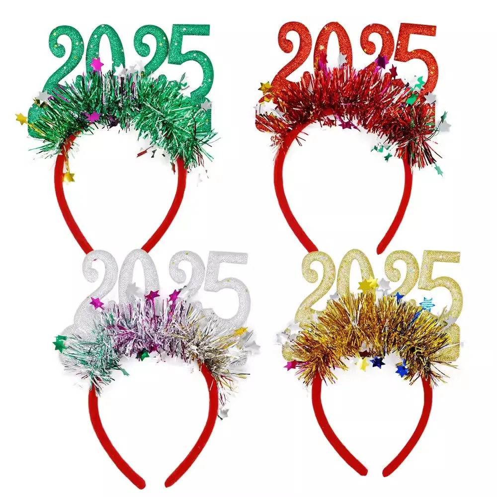 2025 New Year Headband Glitter Tinsel Star Party Favors Photography Props Festive Plastic Hair Hoop