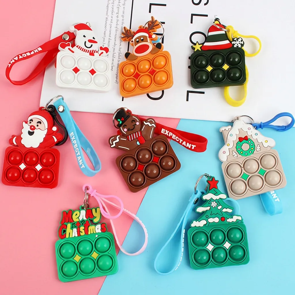 Christmas Pop It Fidget Toy Keychain Silicone Push Bubble Stress Relief Festive Santa Snowman Reindeer Tree Ornament Kids Gift