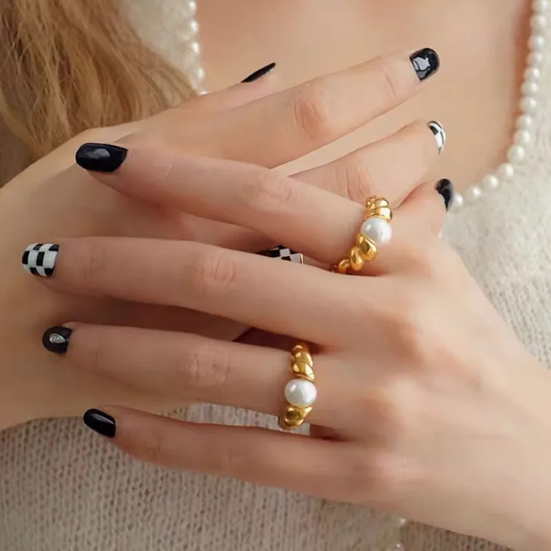 Vintage Twist Band Ring With Freshwater Pearl Stainless Steel 14K Gold Plated Checkerboard Enamel Jewelry For Women