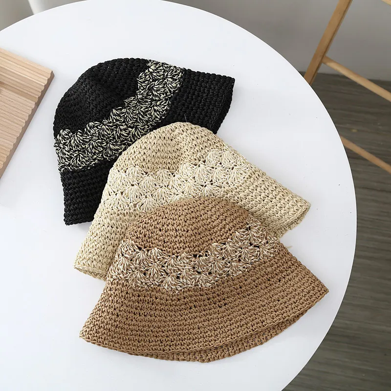 Bob en Paille Tissé à la Main pour Femmes Ajouré Pare-soleil Été Respirant Pliable Chapeau de Pêcheur pour Vacances Plage