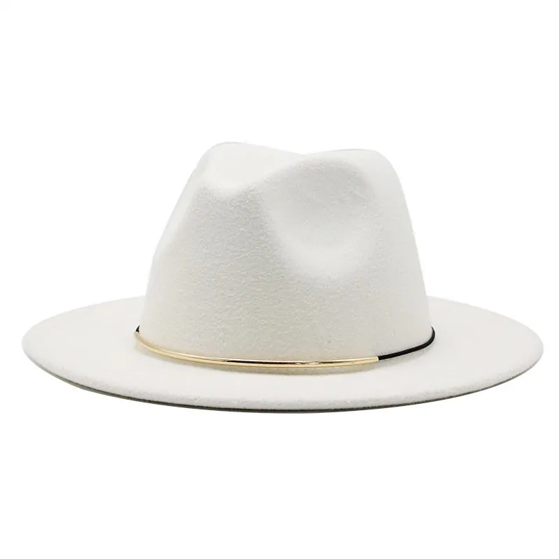 Wide Brim Fedora Hat Woolen Felt With Gold Metal Buckle Jazz Style Autumn Winter Dress Up Accessories For Men And Women