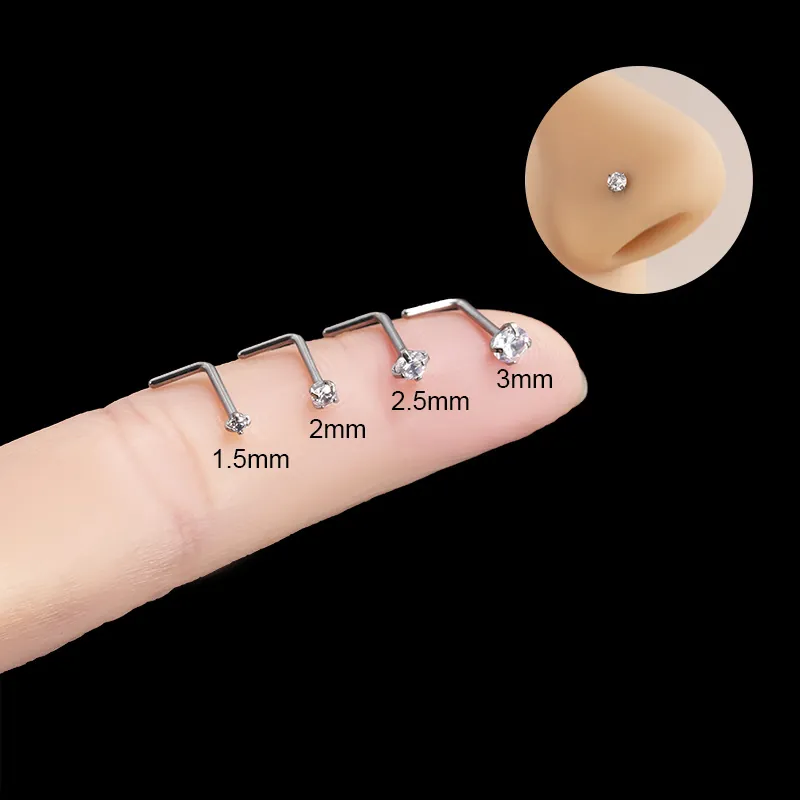 L-Shaped Nose Stud Piercing Jewelry G23 Titanium Inlaid Round Clear Cubic Zirconia Fashion Body Accessory Women Men