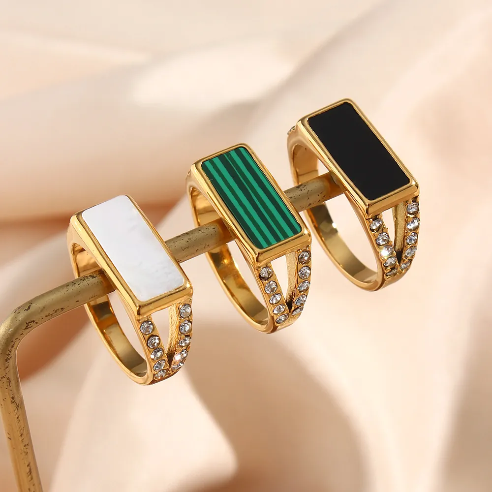Stainless Steel Ring With Rectangular Shell Malachite Onyx Inlay And Side Rhinestone Gold Plated Vintage Luxury Women