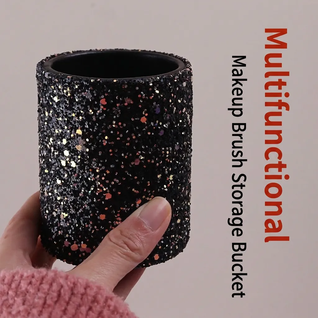 Makeup Brush Holder PU Leather Glitter Cylindrical Cosmetic Storage Tube Portable Desktop Organizer Vanity Decor For Women