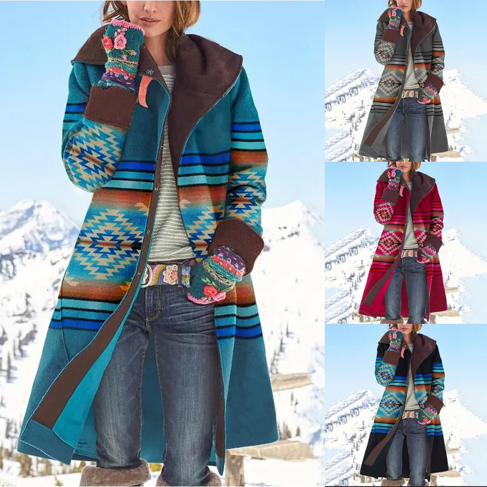 Women Ethnic Geometric Printed Mid-Length Woolen Coat Winter Warm Lapel Long Sleeve Polyester Top For Women