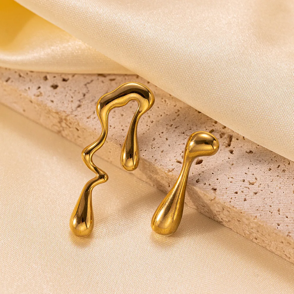 French Elegant Titanium Steel Fluid Metal Asymmetric Earrings Gold Plated Liquid Design For Women Commute Fashion Jewelry