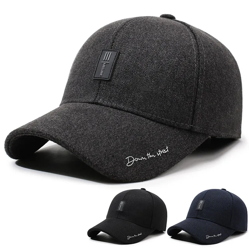 Men Autumn Winter Fleece Lined Baseball Cap With Ear Protection Cotton Warm Embroidered Patch Peaked Cap Casual Outdoor Hat