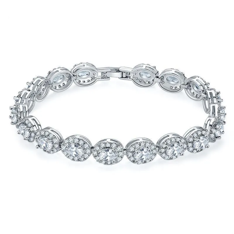 Bracelet Tennis Élégant en Zirconia Ovale pour Femmes Bracelet en Cuivre Plaqué Or Blanc Véritable Bijoux Sertis Halo de Luxe