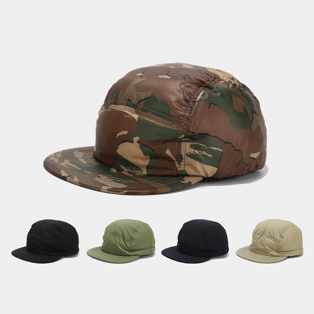 Quilted 5 Panel Camper Hat Warm Winter Outdoor Flat Brim Cap Camouflage Nylon Windproof For Men Women Adjustable