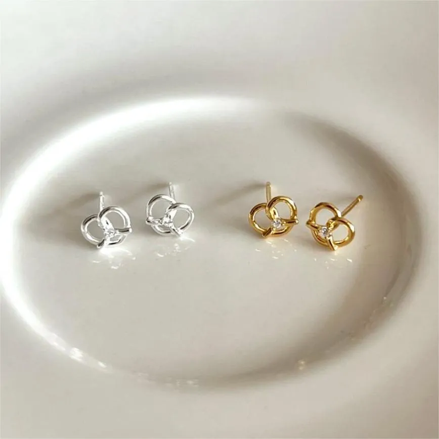 925 Sterling Silver Pretzel Stud Earrings With Zircon Heart Twist Minimalist Dainty Jewelry For Women