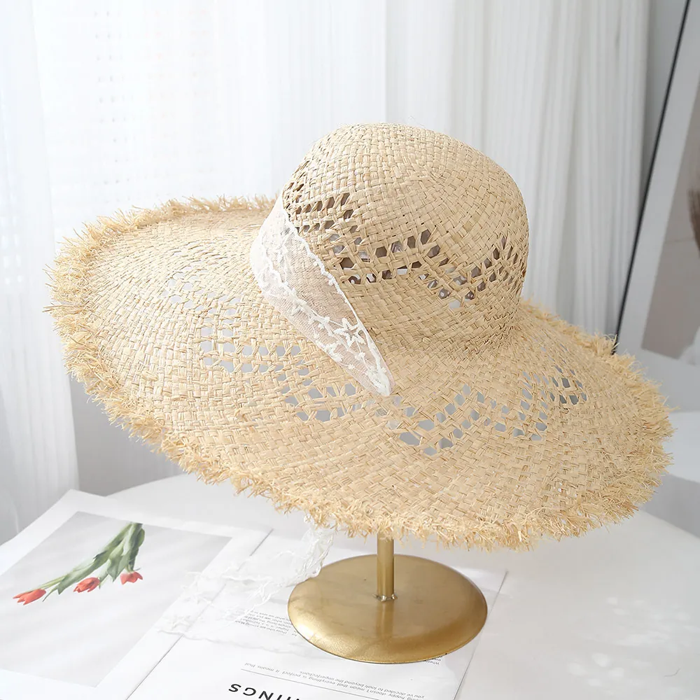 Chapeau De Soleil En Paille À Bord Large Avec Ruban En Dentelle Blanche Broderie Franges Tricot Creux Plage Pour Femmes