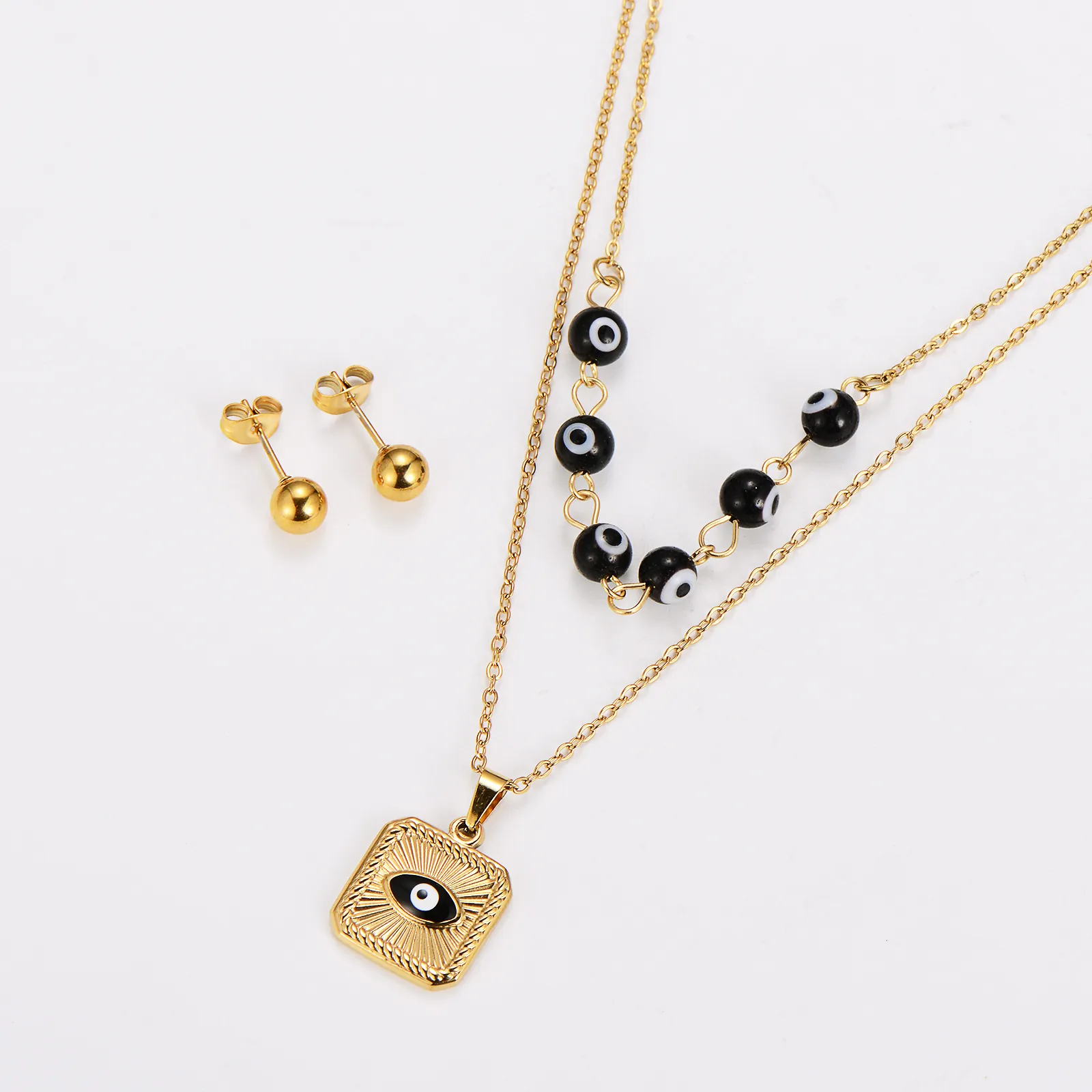 Evil Eye Square Pendant Double Layer Necklace And Ball Stud Earrings Stainless Steel Minimalist Vintage Jewelry Women