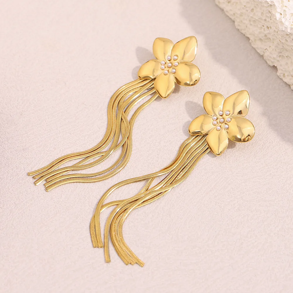 Stainless Steel Flower Long Tassel Earrings 18K Gold Plated With Artificial Pearl Elegant Trendy Fashion Jewelry For Women
