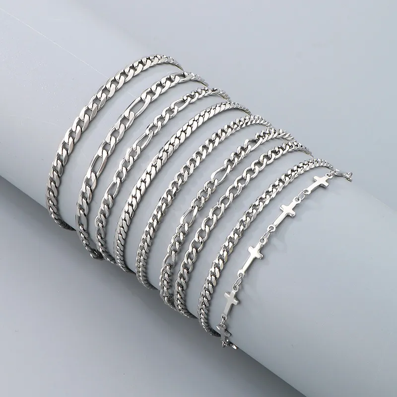 Minimalist Stainless Steel Anklets Figaro Cuban Link Chain Cross Jewelry For Women Adjustable Summer Beach Foot Accessories
