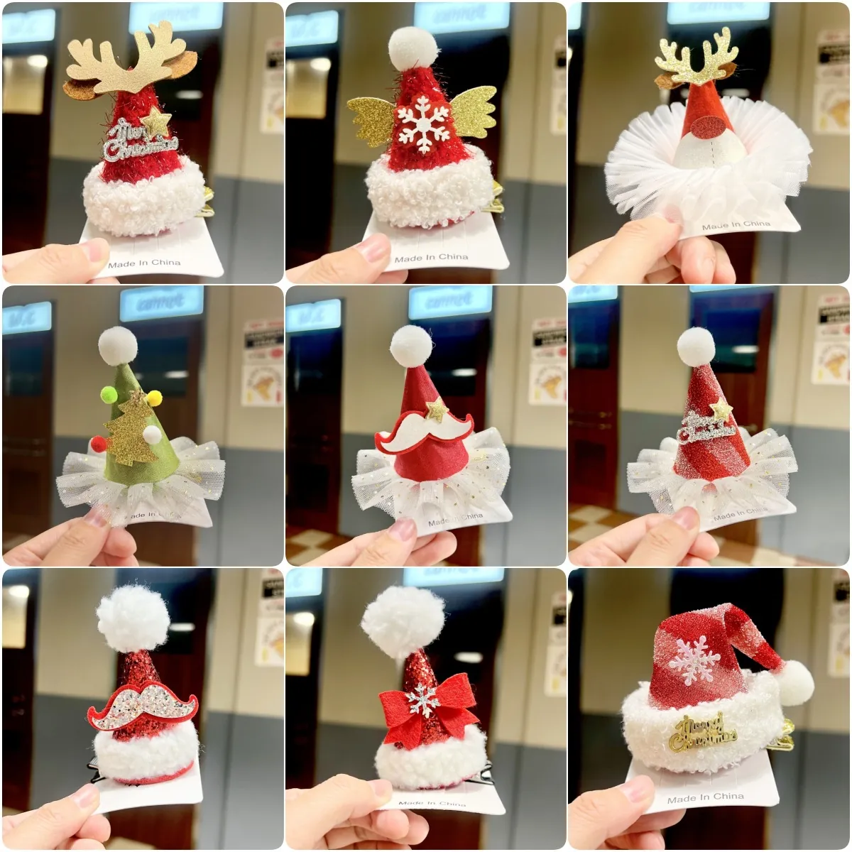 Christmas Hair Clips Mini Santa Hat Reindeer Antlers With Sequin Mesh Faux Fur Cute Festive Hairpins For Kids Girls Women