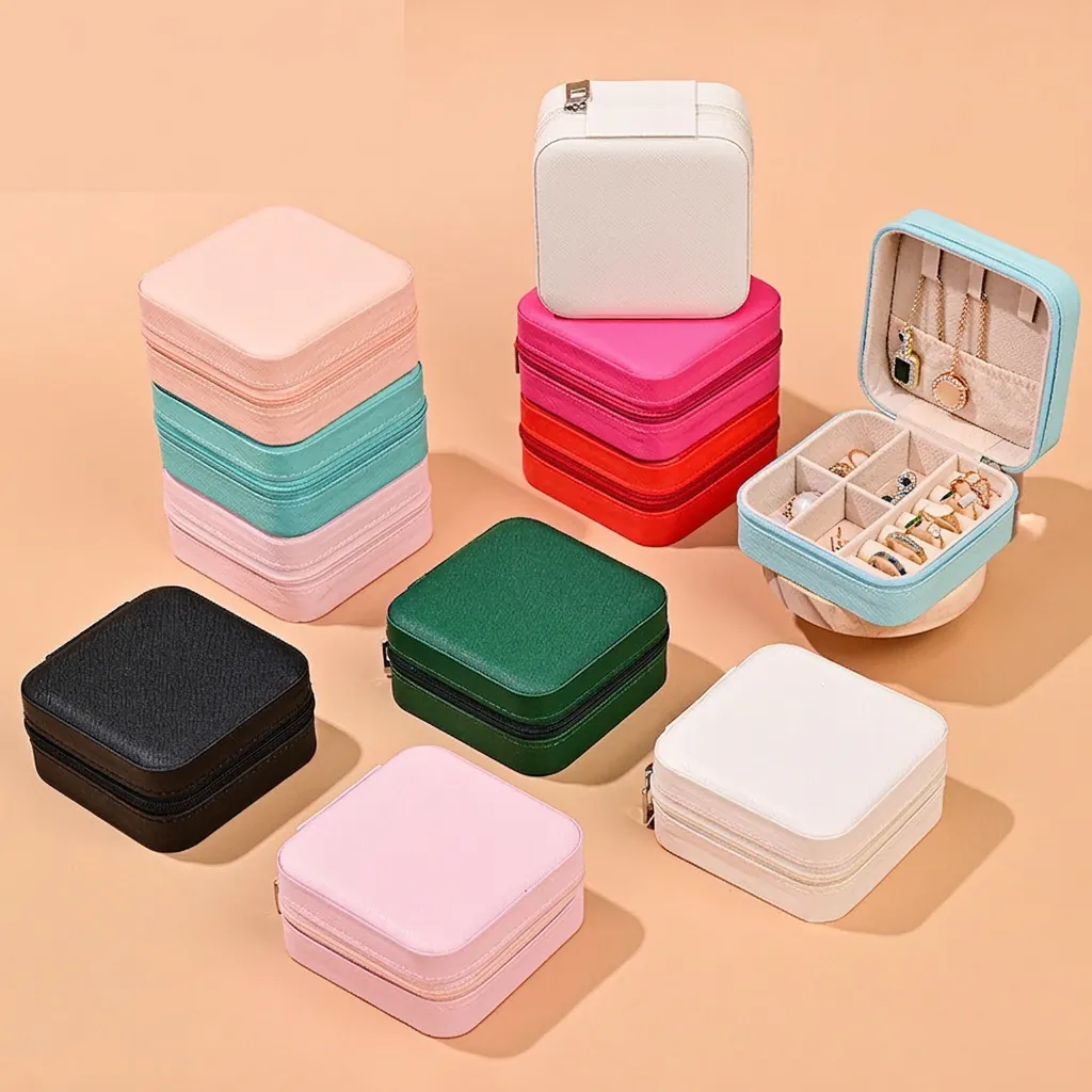 Portable Jewelry Box Travel Storage Case PU Leather Velvet For Rings Earrings Necklaces Small Compact Display Organizer