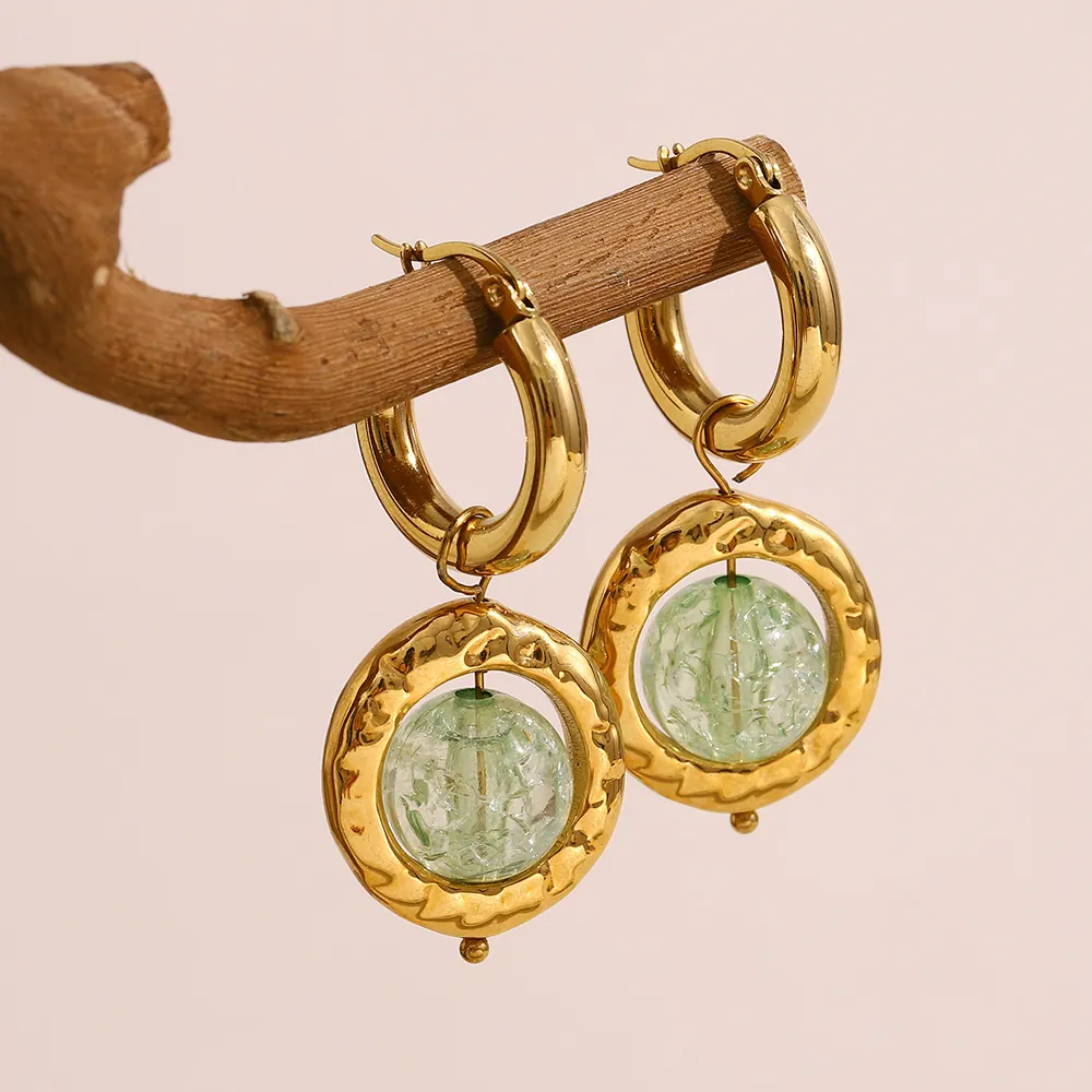 French Vintage Pendant Earrings Stainless Steel 18K Gold Plated Hammered Circle Green Cracked Glass Bead For Women