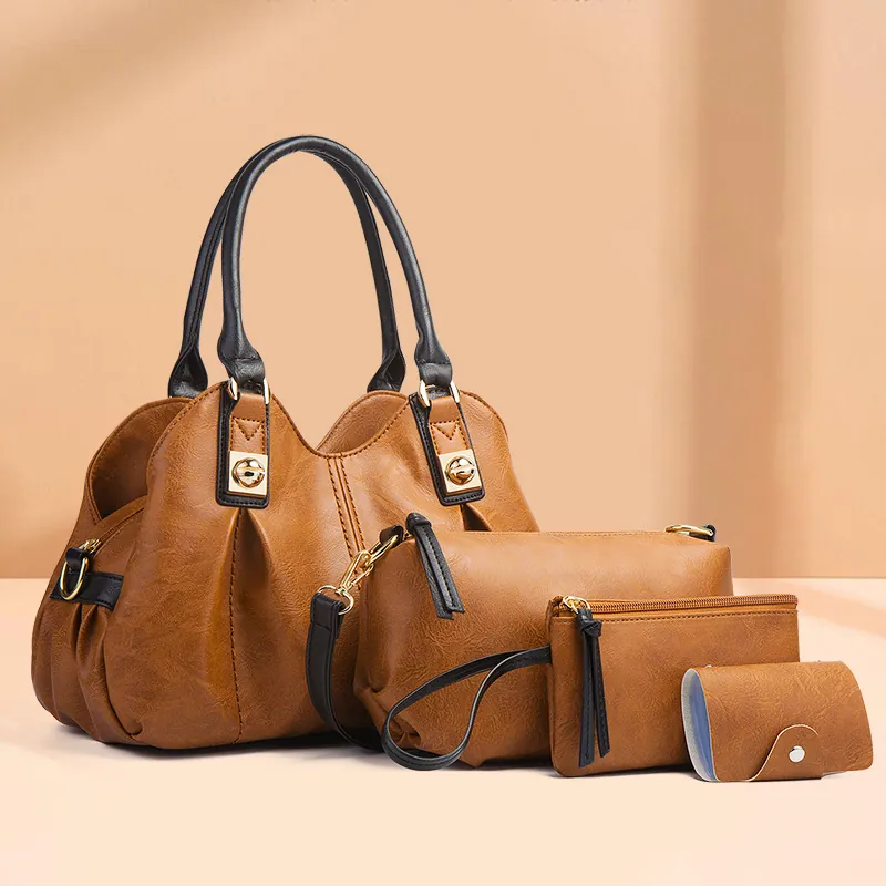 Women Vintage Composite Bags Textured PU Leather Tote Crossbody Handbag And Card Holder Large Capacity Trendy Office Daily
