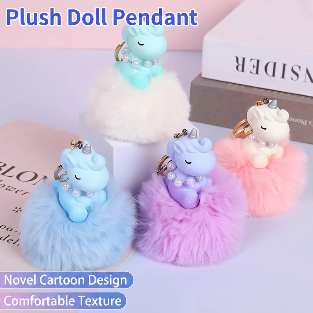 Unicorn Keychain With Faux Fur Pom Pom Resin Figure And Artificial Pearl Necklace Cute Cartoon Backpack Hanging Charm