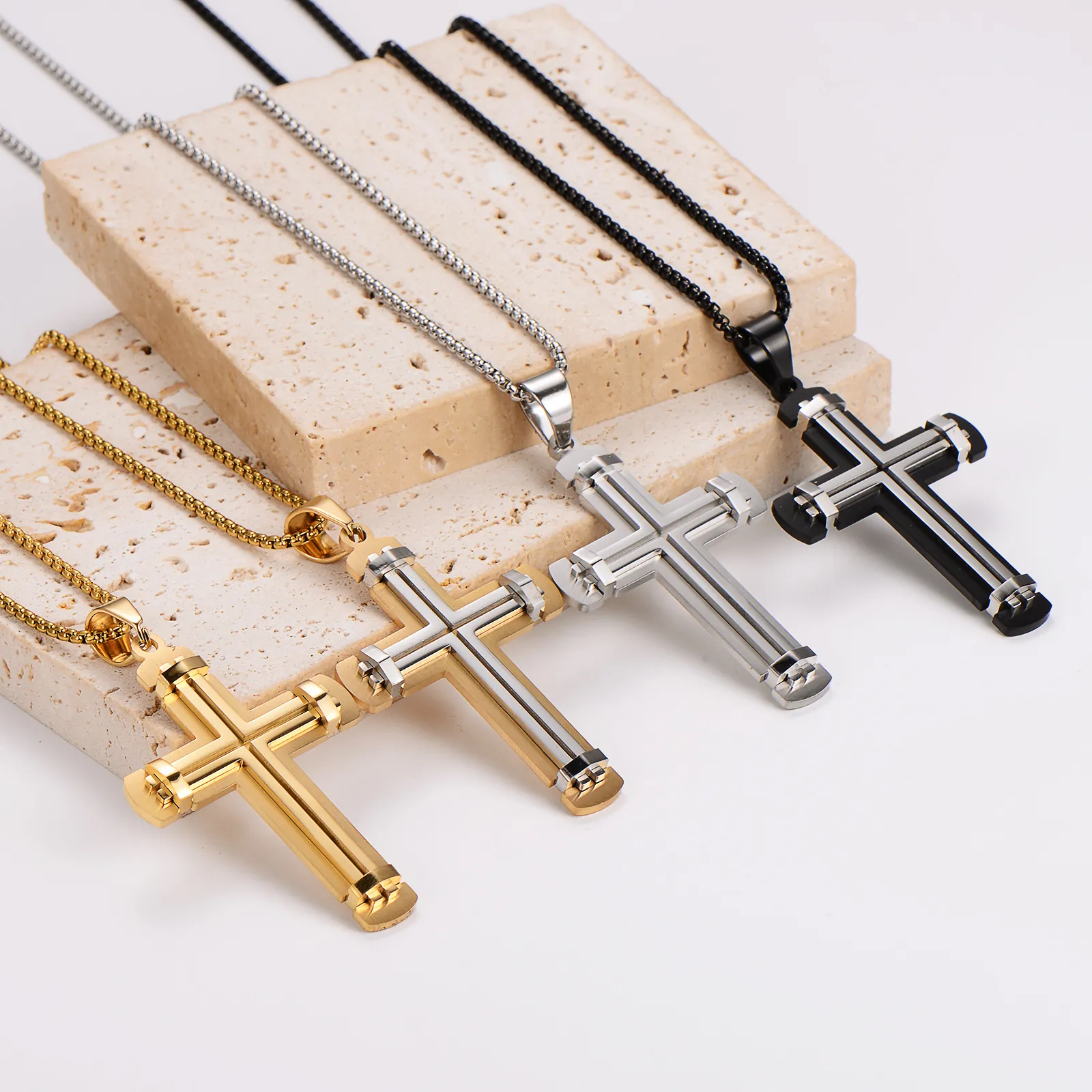 Cross Pendant Necklace 304 Stainless Steel Two Tone Layered Religious Jewelry Hip Hop Style For Men Women