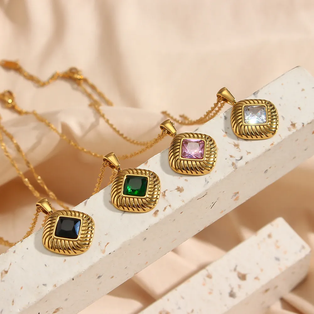 Retro Rhombus Pendant Necklace 316L Stainless Steel Zircon Inlaid Twisted Rope Chain Elegant Fashion Jewelry For Women