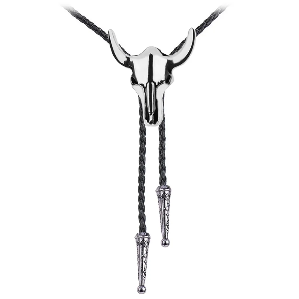 Bolo Tie Vintage Tête De Taureau Alliage Crâne De Taureau Corde En Cuir Tressé Accessoire Chemise Cowboy Occidental