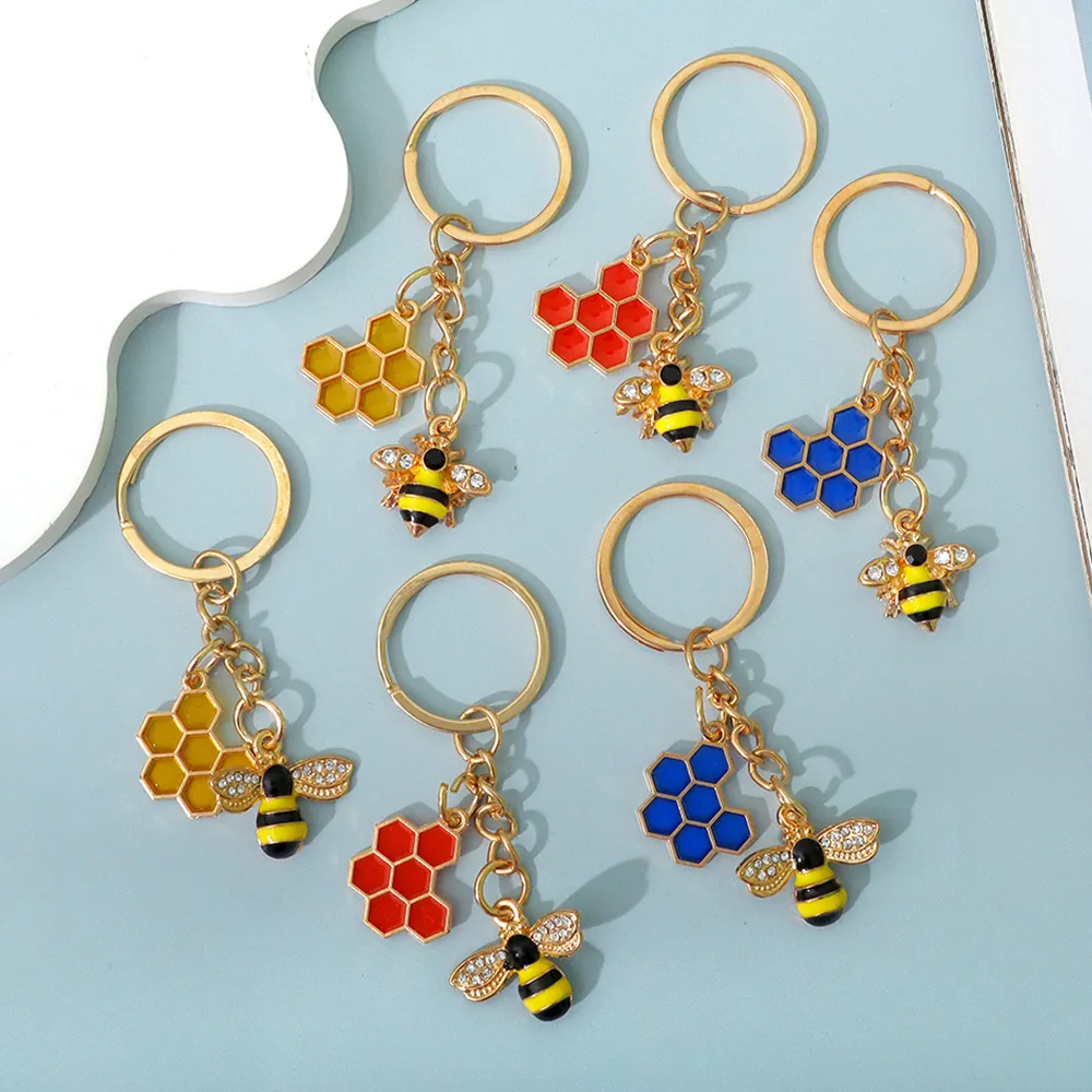Bee And Honeycomb Keychain For Women Gold Zinc Alloy Rhinestone Enamel Hexagon Pendant Bag Charm Keyring Gift