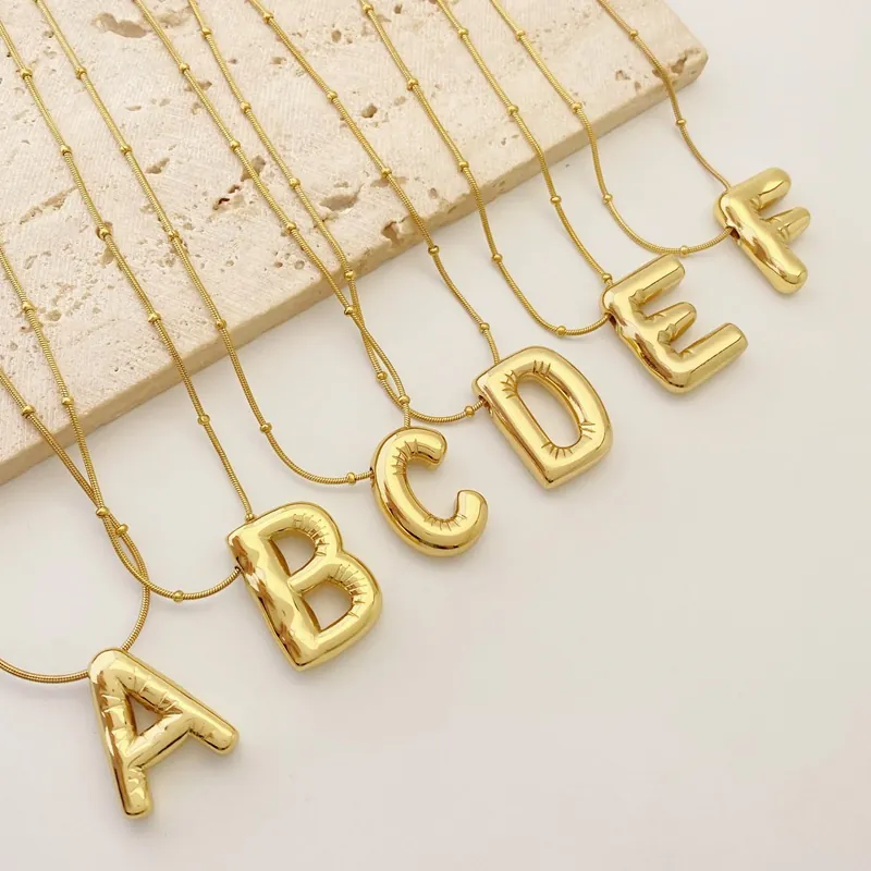 Puffy Balloon Letter Pendant Necklace Gold Plated Stainless Steel 3D Alphabet Initial Jewelry For Women Elegant Simple