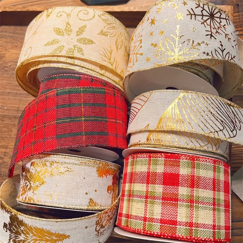 Christmas Ribbon Burlap Cotton Linen Gold Printed Snowflake Plaid Holiday Tree Decoration Gift Wrapping DIY Crafts