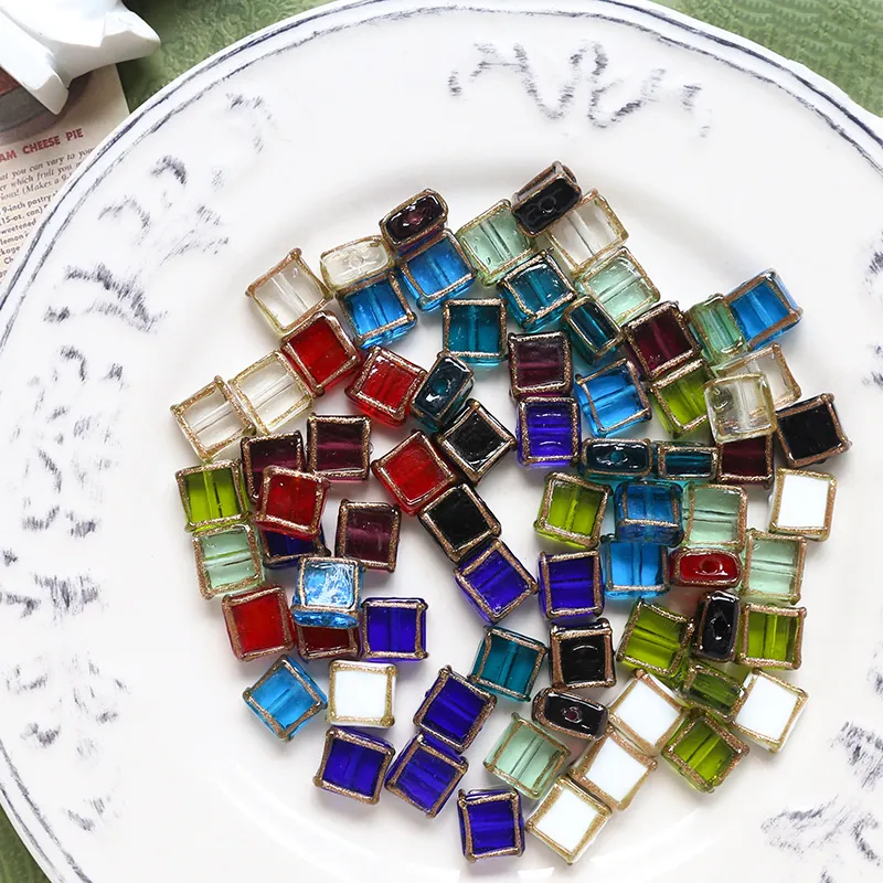 Vintage Square Glass Beads Cube Spacer Beads With Gold Edged For DIY Jewelry Making Earrings Necklace Bracelet Material